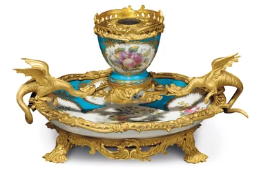 A William IV Sevres-style Turquoise Ground Encrier, 18th Century Porcelain, Ormolu c.1835-40