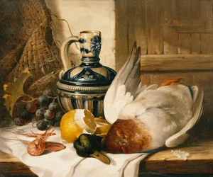 A Mallard, a Jug, a Peeled Lemon, Grapes and Shrimps on Draped Ledge