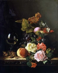 A Wine Glass, Grapes, Nuts and Roses on a Ledge