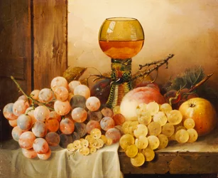 Grapes, Apples, Plums and a Peach with Hock Glass on Draped Ledge