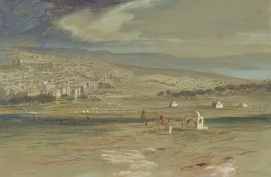 A view of the city of Hebron with camels and figures in the foreground