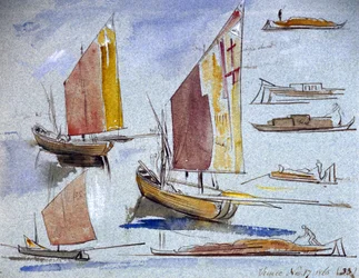 Studies of Venetian boats, with full sail and mooring. Coloured watercolour drawing by Edward Lear (1812-1888).
