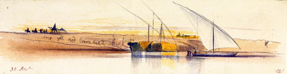 The banks of the Nile (Egypt), with three gyassis, two of whom are heavily loaded with straw, in the background, characters and animals are depicted in the setting sun
