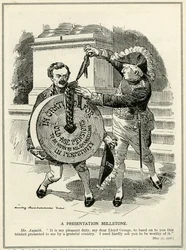 A Presentation Millstone, Prime Minister Asquith presents Chancellor of the Exchequer, Lloyd George, with the Old Age Pensions scheme, 1908