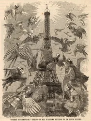 Birds of all nations flying to the Eiffel Tower