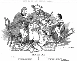 Coalition Government. Duke of Devonshire and Arthur Balfour, centre, trying to control Joseph Chamberlain, leader of the junior party in the coalition. In September 1903 he resigned to be free to advocate his Tariff Reforms.