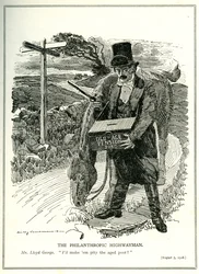 The Philanthropic Highwayman, Lloyd George with the Old Age Pension Fund, Cartoon from 