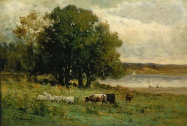 Untitled (cattle near river with sailboat in distance)