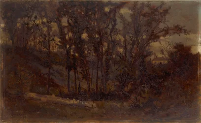 Untitled (Forest Scene, Fallen Tree in Foreground and House in Background)