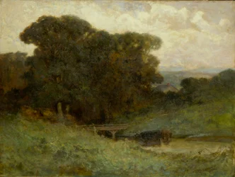 Untitled (forest scene with bridge, cows in stream in foreground)