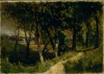 Untitled (landscape, forest scene with red fence and building)