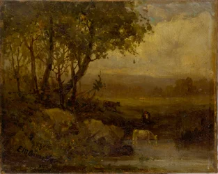Untitled (landscape, riverbank, three cows)