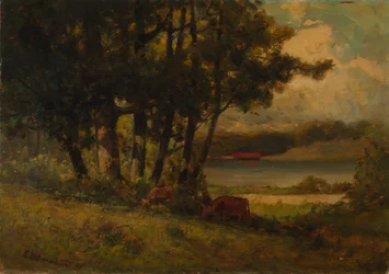 Untitled (landscape with cows grazing near river)