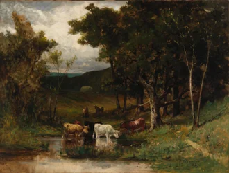 Untitled (landscape with cows in stream near trees)