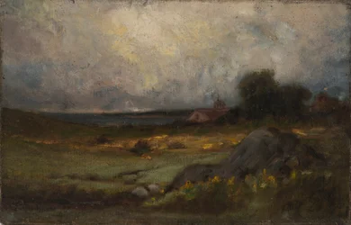 Landscape with Rock in Foreground and Roof with Steeple, Lake in Background