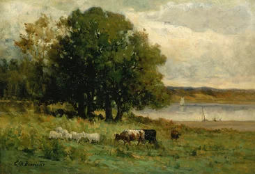 Untitled cattle near river with sailboat in distance