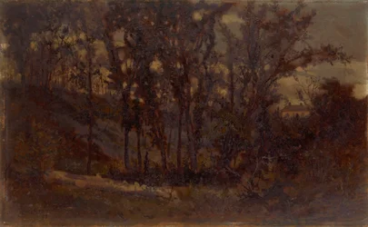 Untitled forest scene, fallen tree in foreground and house in background, 1873