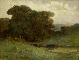 Untitled forest scene with bridge, cows in stream in foreground