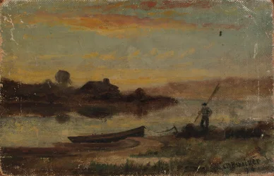 Untitled Landscape, Boat Moored Near Bank with Man Walking
