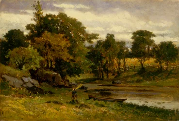 Untitled landscape, boat moored near stream, man walking in foreground