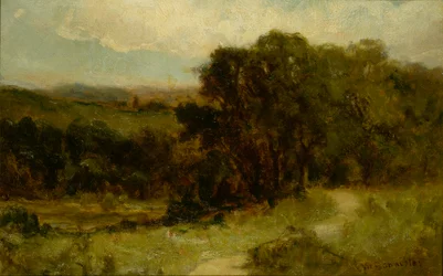 Untitled landscape with road near stream and trees