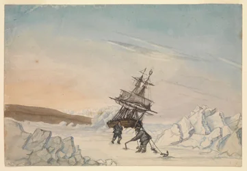 A ship stuck in the ice with two members of crew fixing the ship into ice with four fastenings
