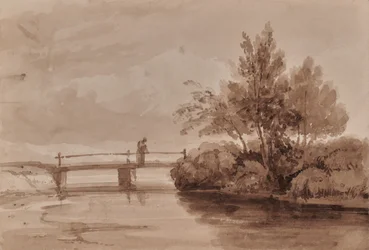 River Scene with Wooden Bridge and Figure