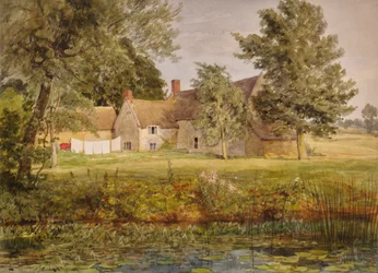 Stone buildings, washing line and lily pond