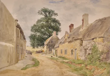 Village scene, street through thatched buildings
