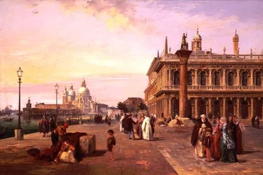Figures on the Piazzetta, Venice with, Salute Beyond