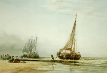 Dutch Fishing Boats on the Beach with Groups of Fisherfolk