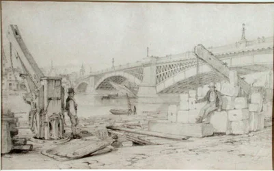View of Southwark Bridge and the River Thames from Bankside, with two derricks in the foreground