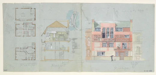 Front Elevation and Section for House and Studio for Frank Miles, Tite Street, Chelsea, 1878-79