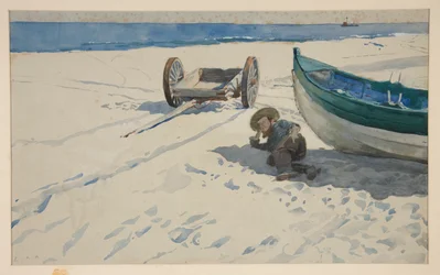 Beach scene with Man Resting in Shadow of Boat