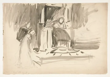 Figure on throne, flanked by two figures, sketch for an unidentified Shakespeare play
