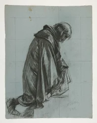 Figure study for Sir Lancelot and Sir Bors outfit Galahad with his spurs, from The Quest of the Holy Grail (second of a series of fifteen paintings for the Boston Public Library, completed in 1901)