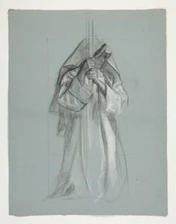 Figure study for Sir Lancelot and Sir Bors outfit Galahad with his spurs, from The Quest of the Holy Grail (second of a series of fifteen paintings for the Boston Public Library, completed in 1901)