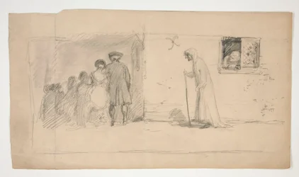 Group of Figures Outside Stone House - Unidentified Illustration