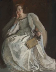 Lady in White Seated, Right Hand to Chin, Holding Fan