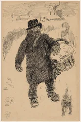 Man walking in the snow carrying a covered basket, accompanied by a small terrier