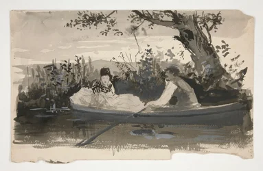 Man and Woman in Rowboat, Near Riverbank