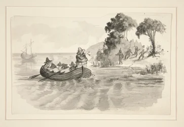 Men in Rowboat Fleeing Indians on Shore - Unidentified Illustration (Columbus Discovering New World?) - Explorers Landing in the New World
