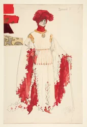 Richard II (in red), Costume Sketch for Henry Irving