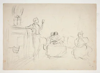 Sketch of an Interior: Man Reading Aloud, Women Knitting - Unidentified Illustration