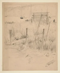 Sketch of an old dock, with weeds growing up around it
