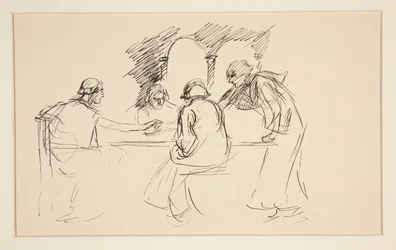 Sketch of Four Men in Medieval Dress at a Table - Unidentified Illustration