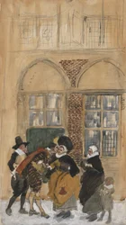 Study of Figure Scene in Seventeenth Century Dutch Costume, Possibly New Amsterdam