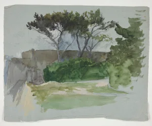 Study of Landscape with Trees and Stone Wall