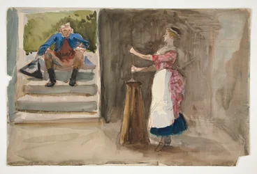 Woman Churning Butter, Man in Revolutionary Dress Watching