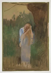 Woman in Landscape, Combing Her Long, Blond Hair - (Unidentified Illustration)
